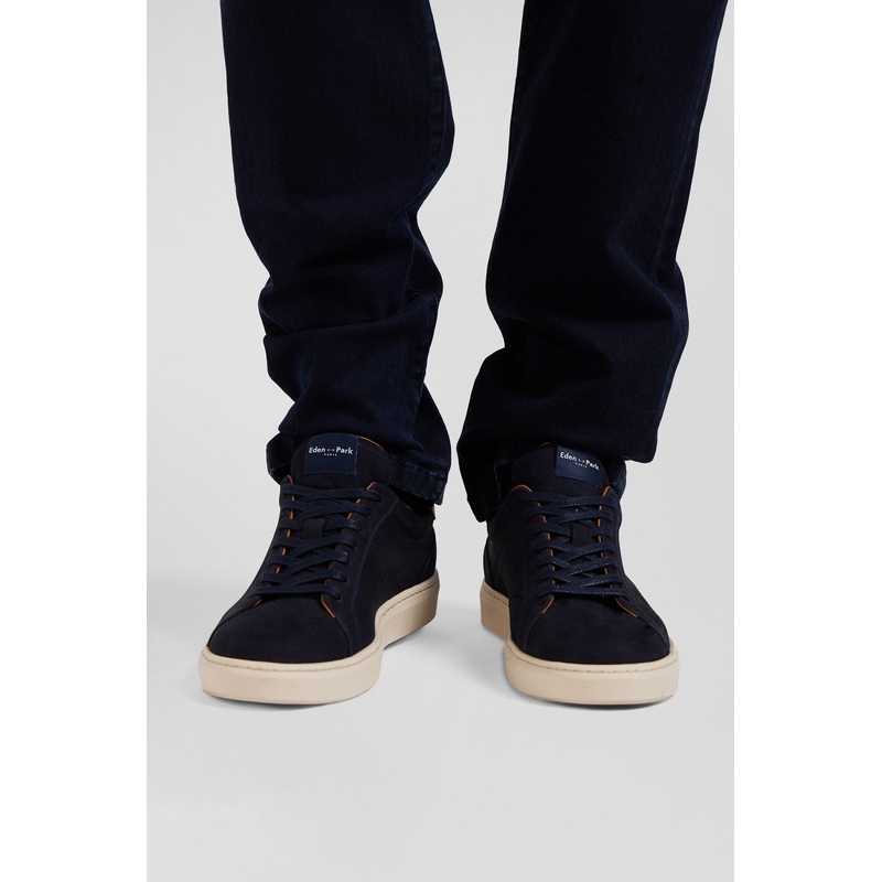 Navy Blue Grained Leather Low-Top Sneakers