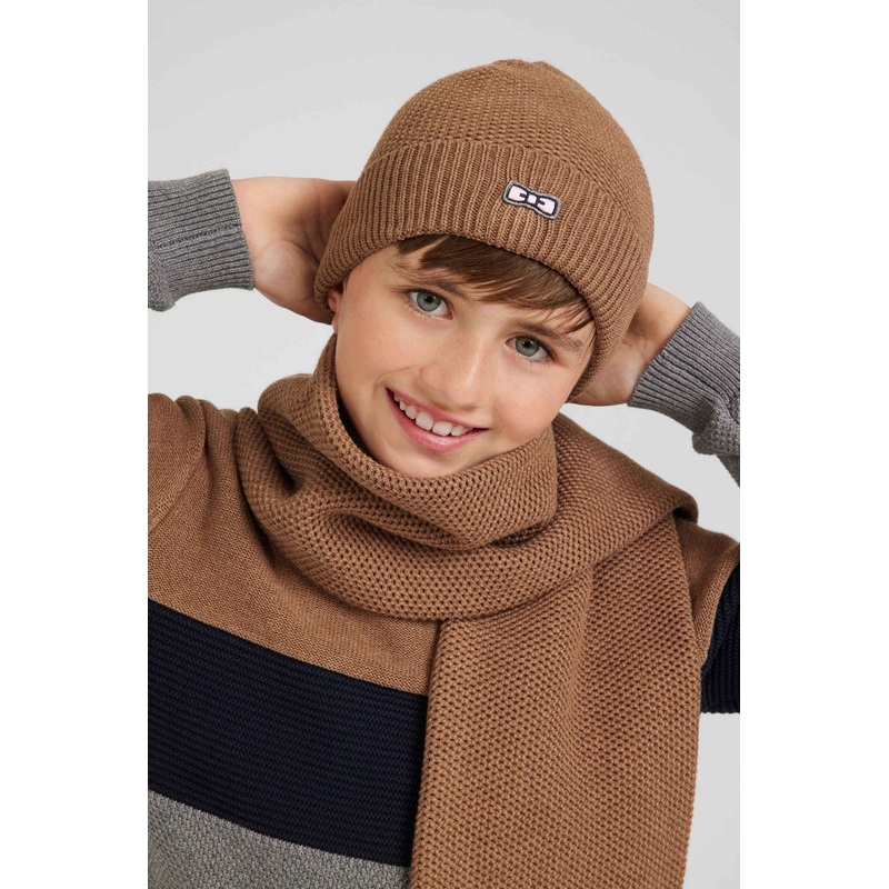 Plain Camel Cotton Beanie With Bow Tie Embroidery