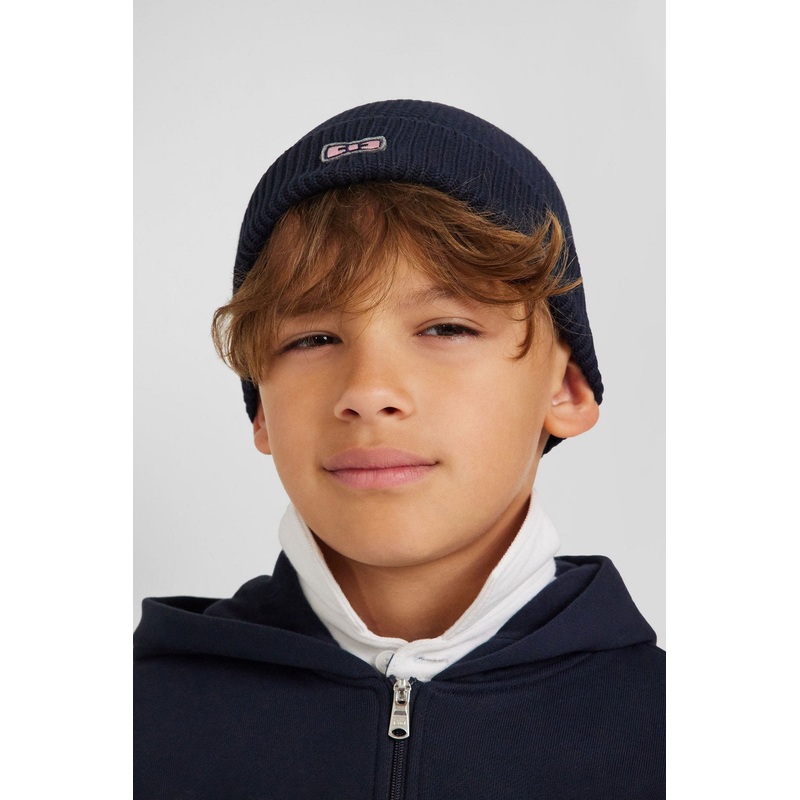 Plain Navy Blue Cotton Beanie With Bow Tie Embroidery