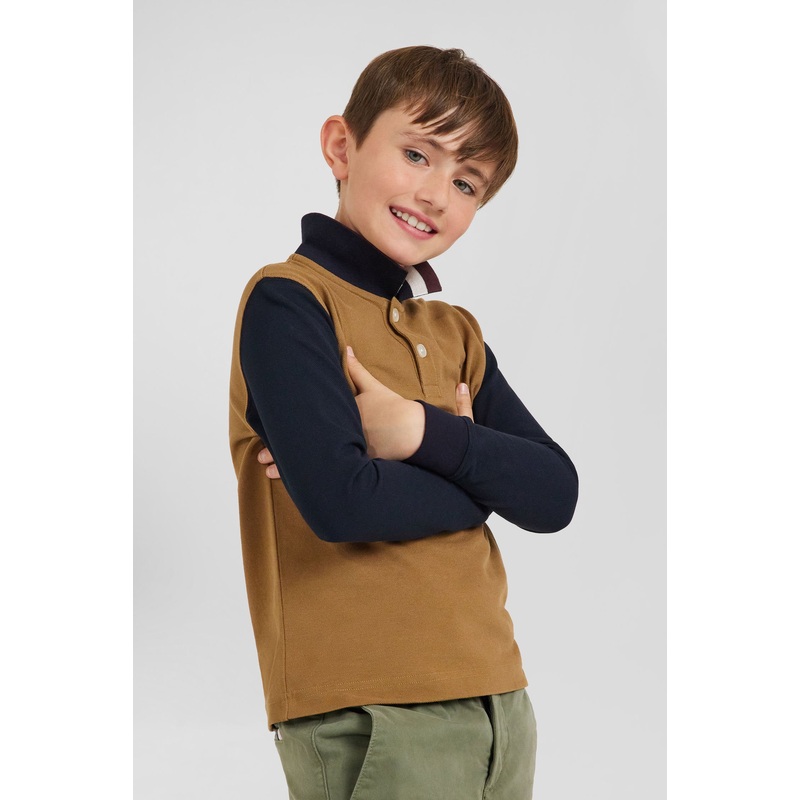 Regular Camel Long-Sleeved Cotton Piqu Polo Shirt With Tricolour Eden Park Jacquard Collar