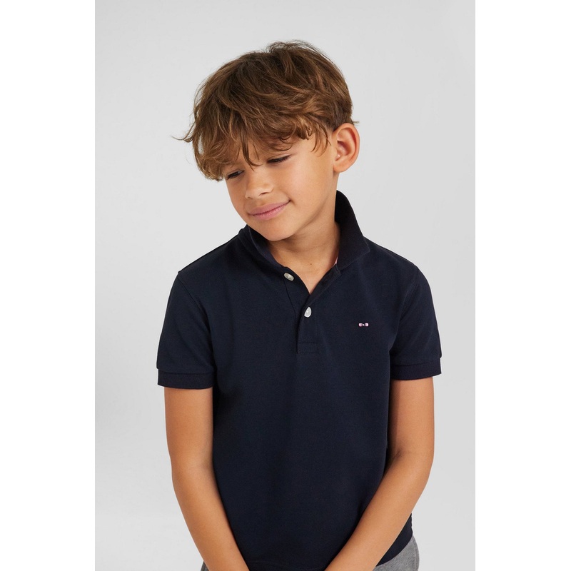 Regular Navy Blue Short-Sleeved Cotton Piqu Polo Shirt With Jacquard Collar