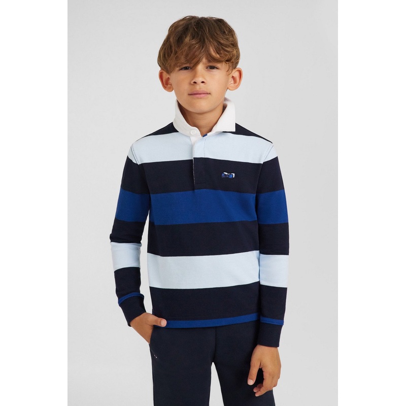 Regular Navy Blue Striped Long-Sleeved Cotton Rugby Shirt