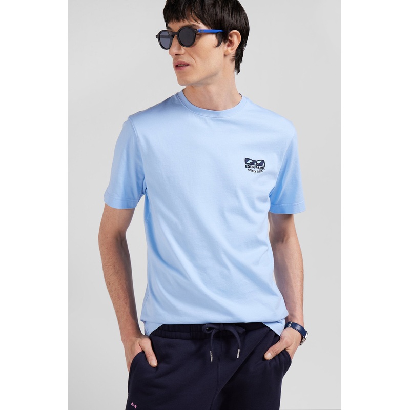 Regular Sky Blue Short-Sleeved Cotton T-Shirt With Tie Patchwork Emblem