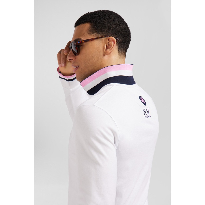 Regular White Long-Sleeved Cotton Piqu Polo Shirt With XV De France Embroidery