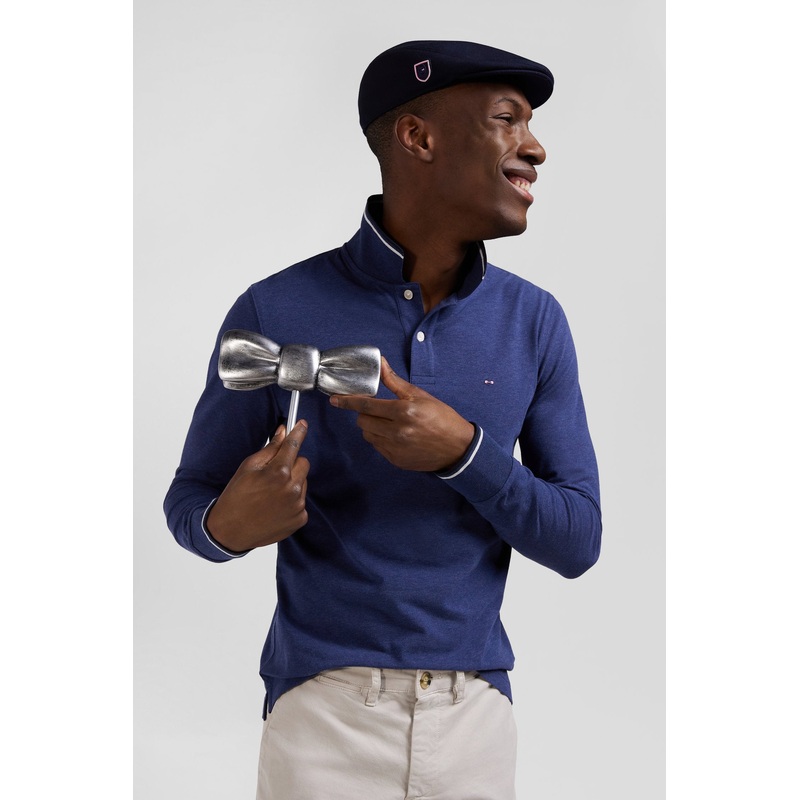 Slim Dark Blue Long-Sleeved Stretch Cotton Polo Shirt With Striped Finishes
