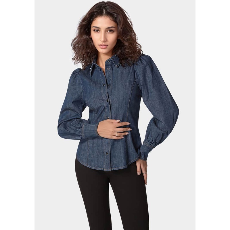Button Front Studded Collar Denim Shirt