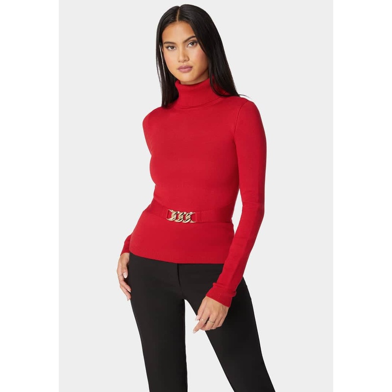 Fitted Turtle Neck Ornate Belt Sweater