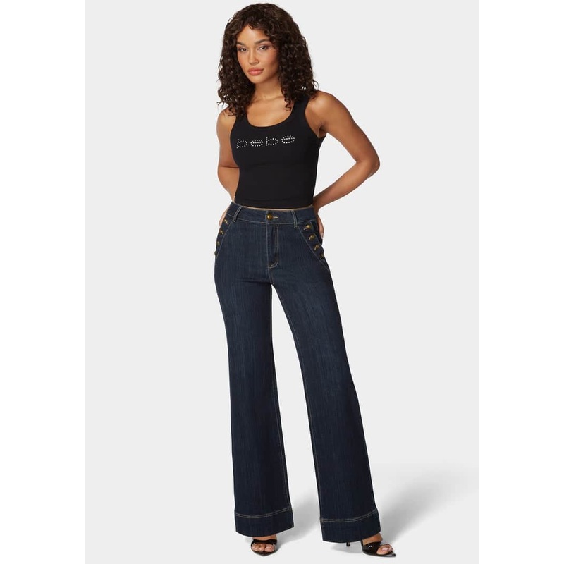 High Waist Button Detail Flared Leg Jeans