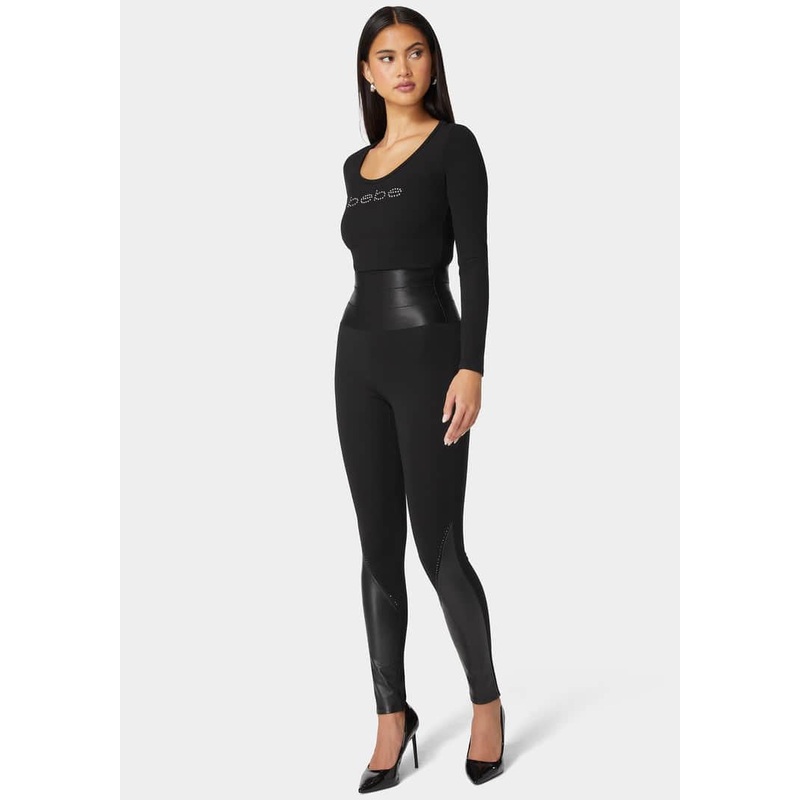 High Waist Stud Details Vegan Leather Insert Pdr Legging
