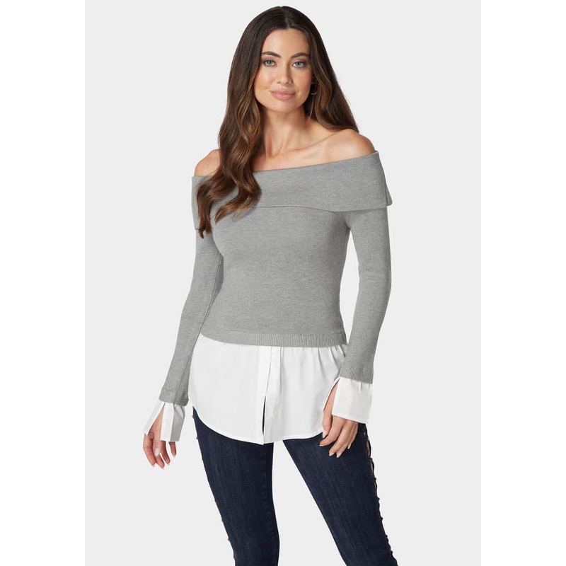 Poplin Combo Fold Over Off Shoulder Sweater Top