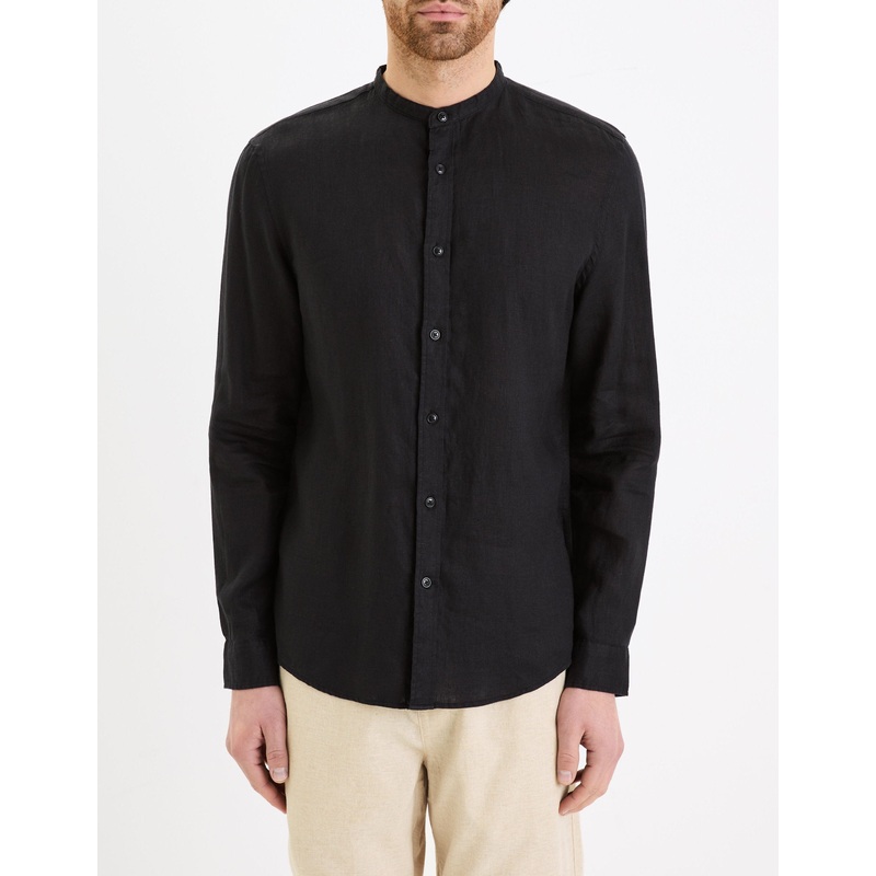 Regular Linen Shirt With Mandarin Collar - Black