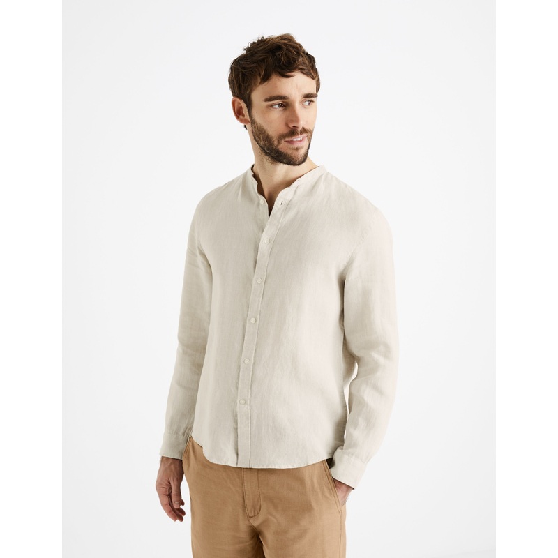 Regular Linen Shirt With Mandarin Collar - Ecru
