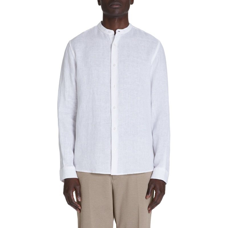 Regular Linen Shirt With Mandarin Collar - White