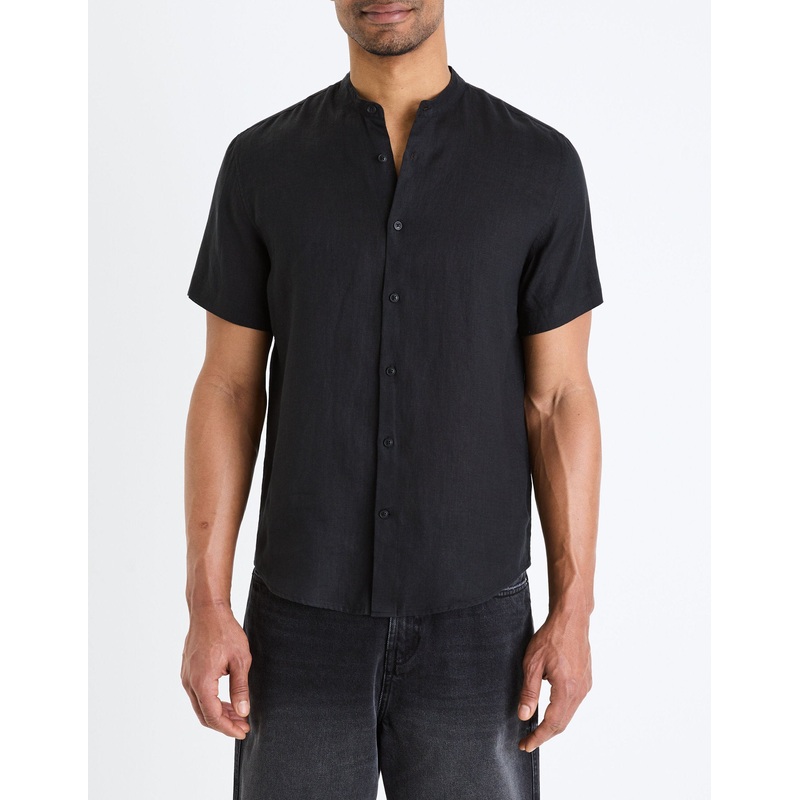 Regular Shirt With Mandarin Collar 100% Linen - Black