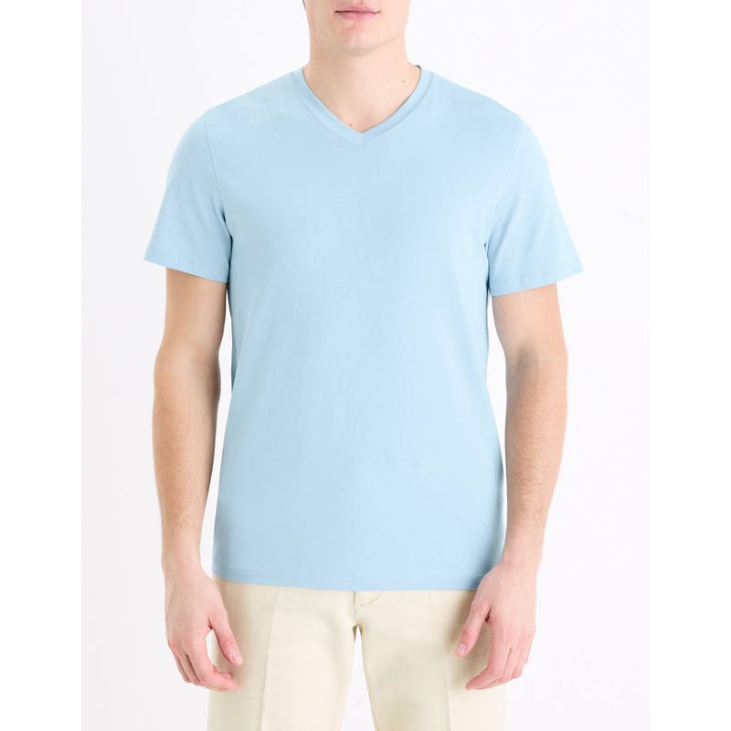 T-Shirt Straight Collar V 100% Cotton - Light Blue