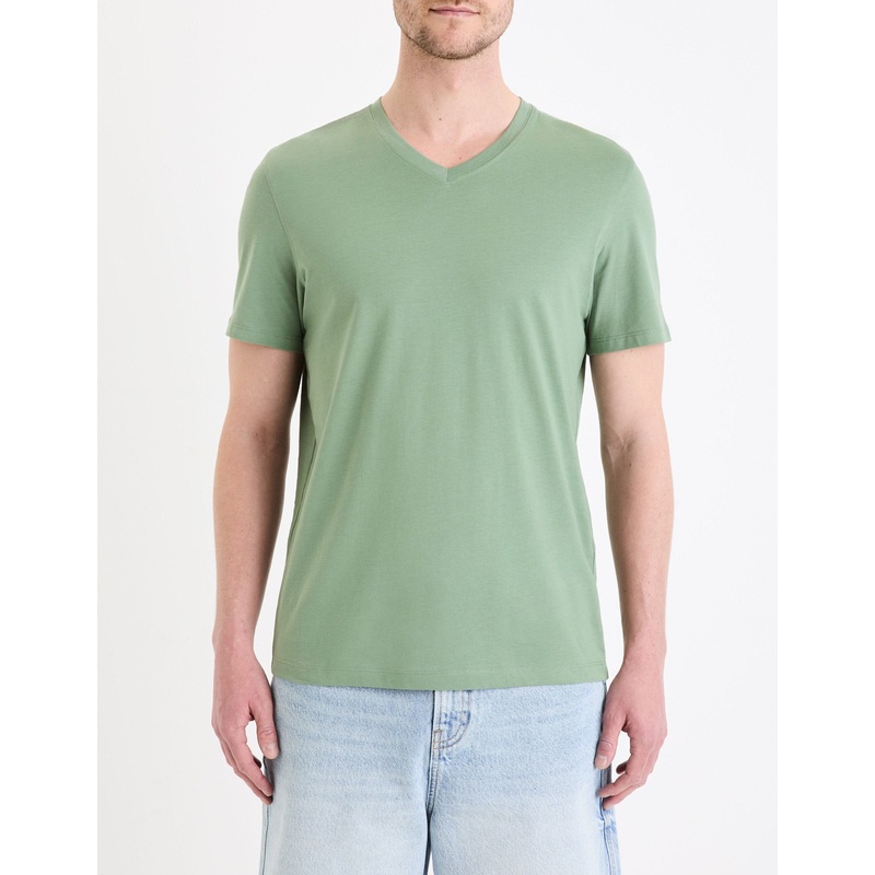 T-Shirt Straight Collar V 100% Cotton - Mineral Green