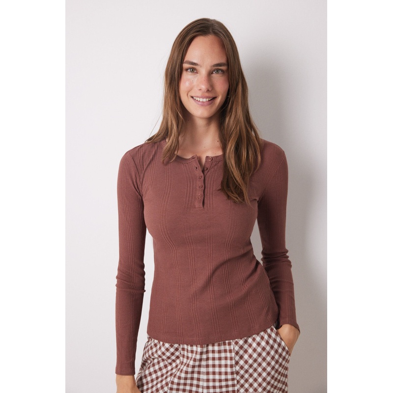 Brown Ribbed Long Sleeve T-Shirt