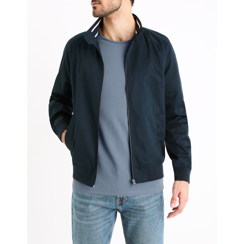 Buttoned Stand-Up Collar Jacket - Navy