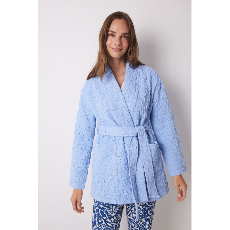 Light Blue Quilted Wrap Short Robe