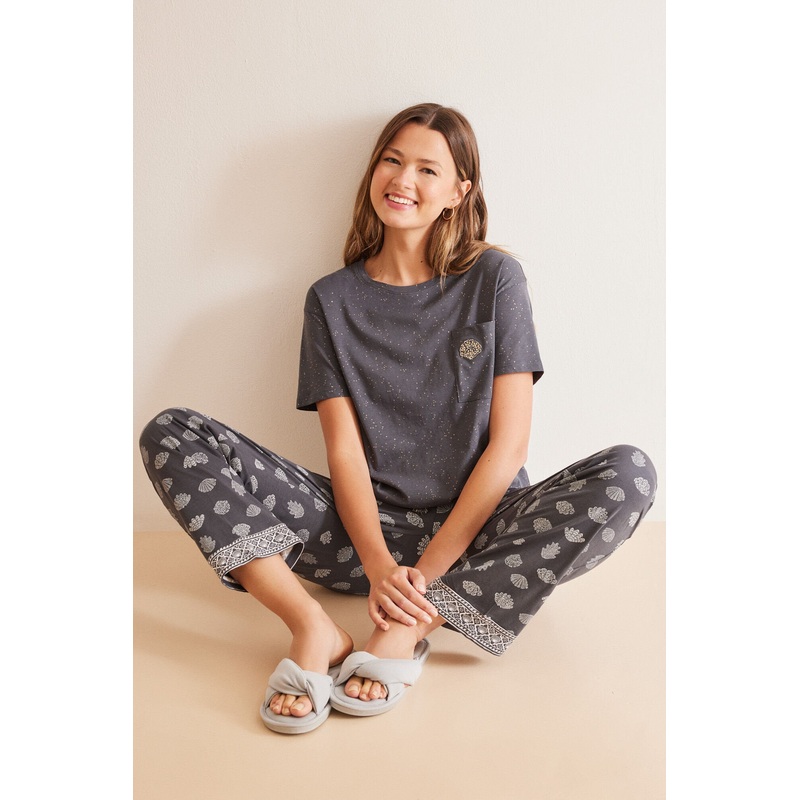 Long 100% Cotton Grey Shell Pajamas