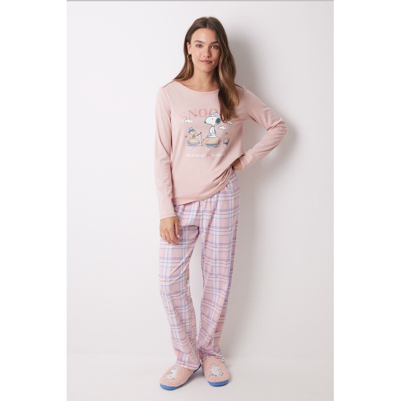 Long Pajamas 100% Snoopy Pink Cotton