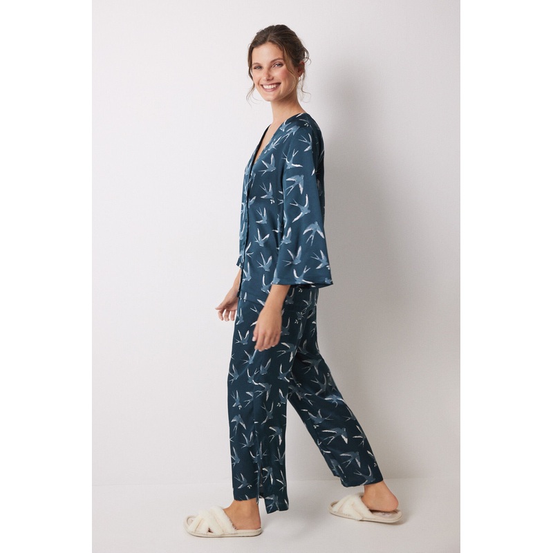 Long Satin Pajamas Bird Print