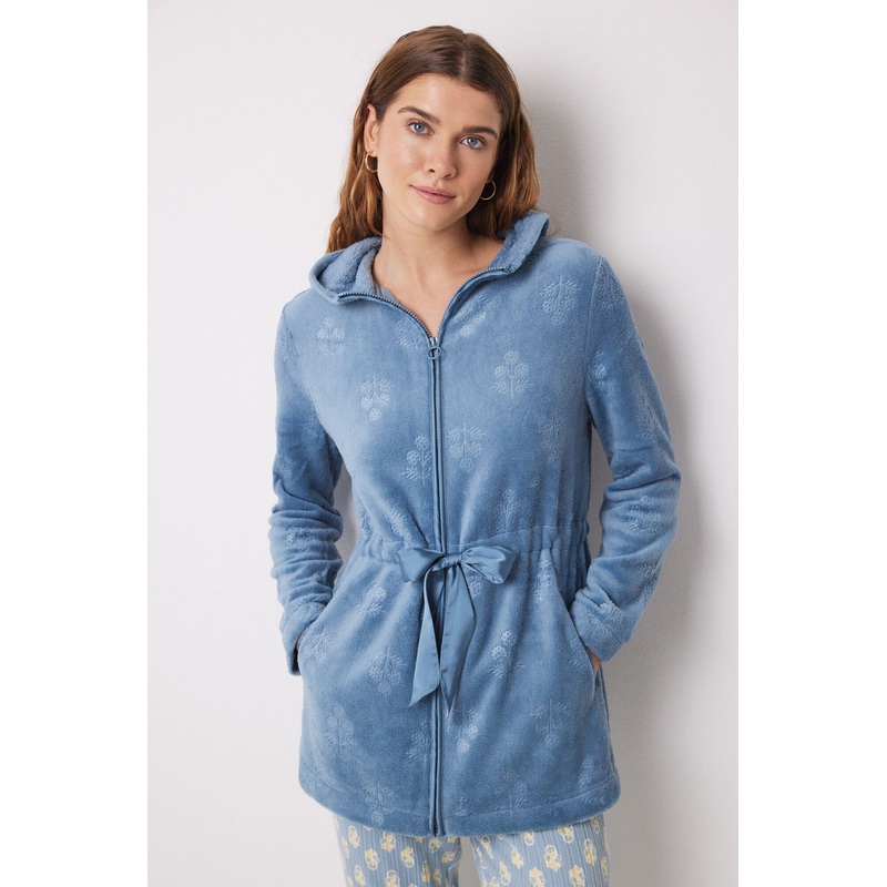 Short Blue Fleece Robe With Flowers
