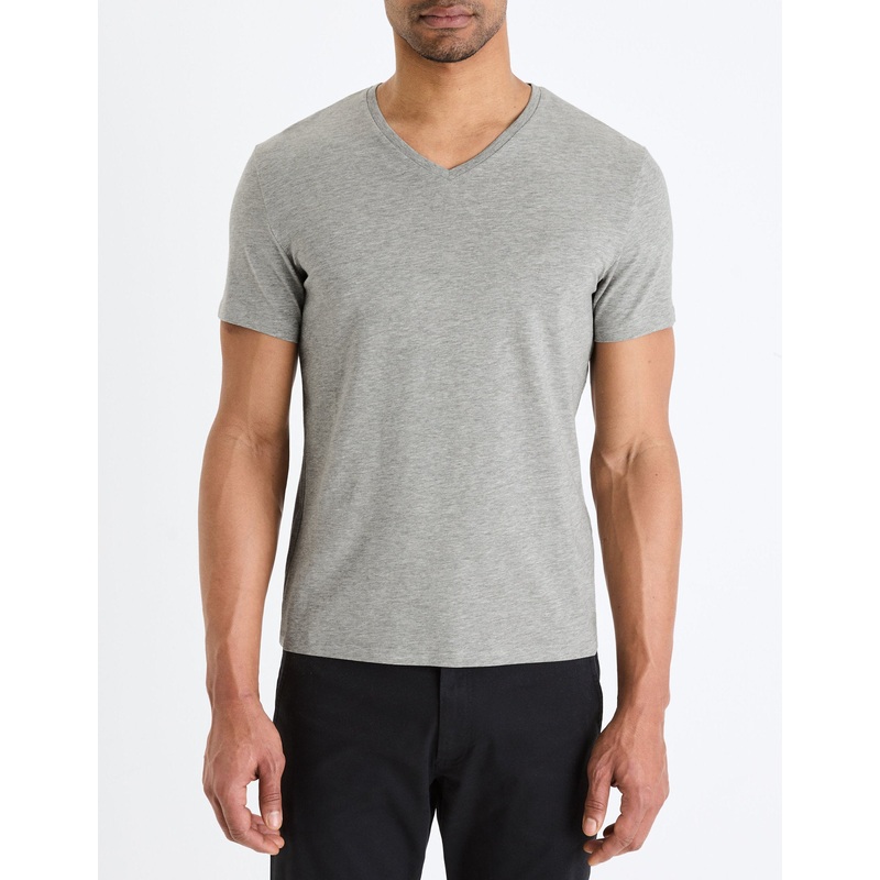 Slim V-Neck T-Shirt In Stretch Cotton - Heather Gray