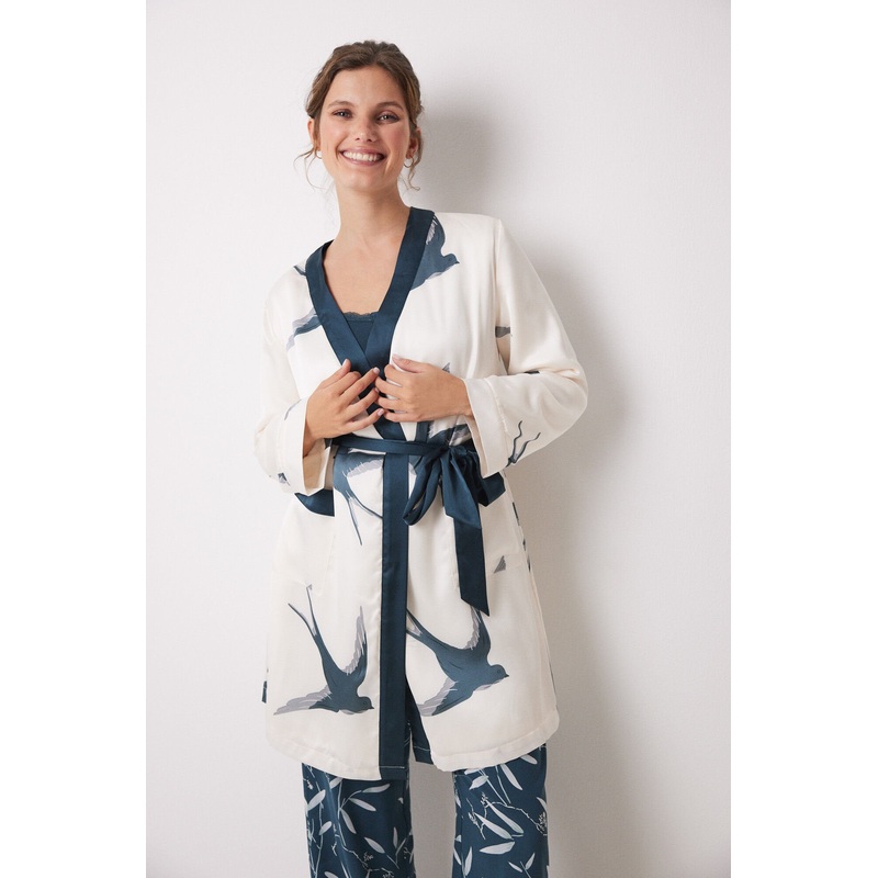 Bird Print Satin Midi Robe