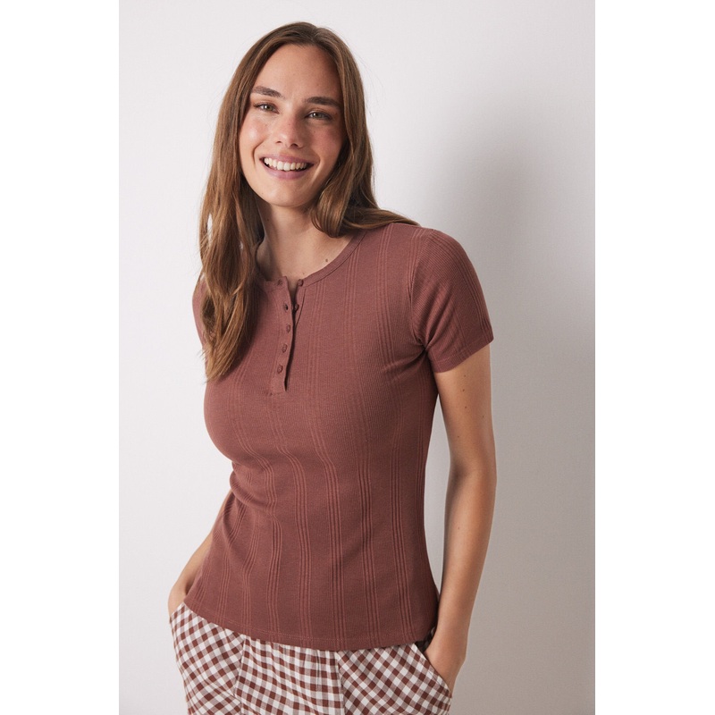 Brown Ribbed Short Sleeve T-Shirt