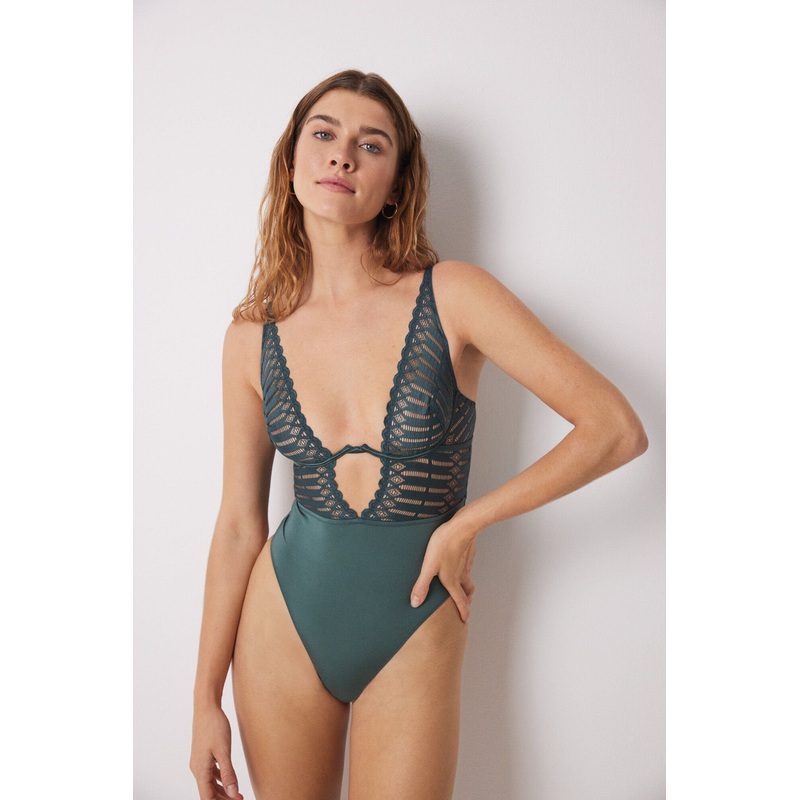 Green Lace And Microfiber Halter Bodysuit In Different Cup Sizes