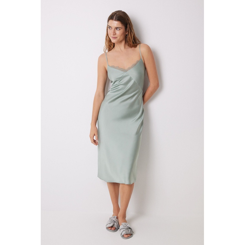 Midi Satin Nightgown And Green Lace