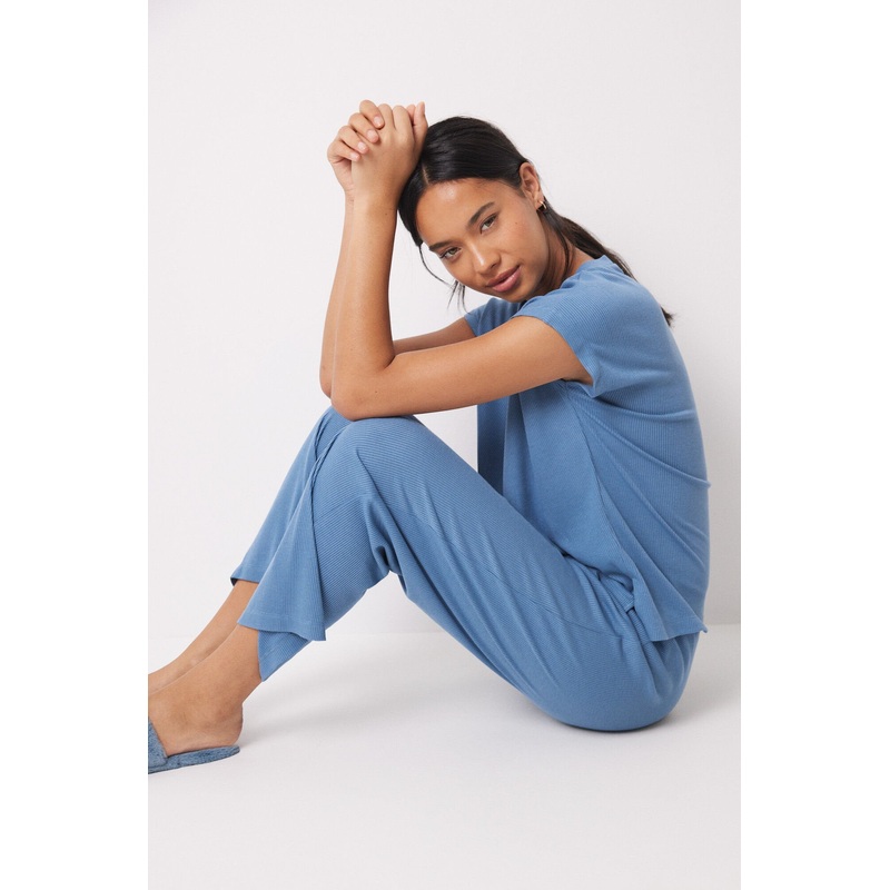 Blue Ribbed Short Sleeve Set
