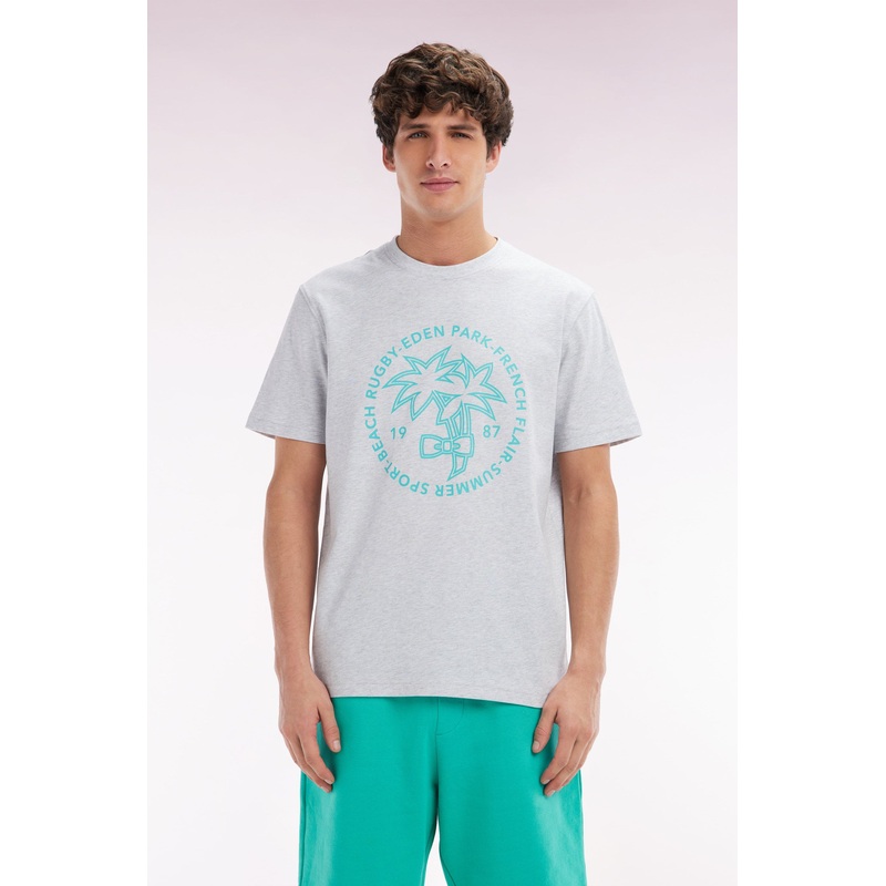 Grey Cotton T-Shirt with Palm Tree Screen print