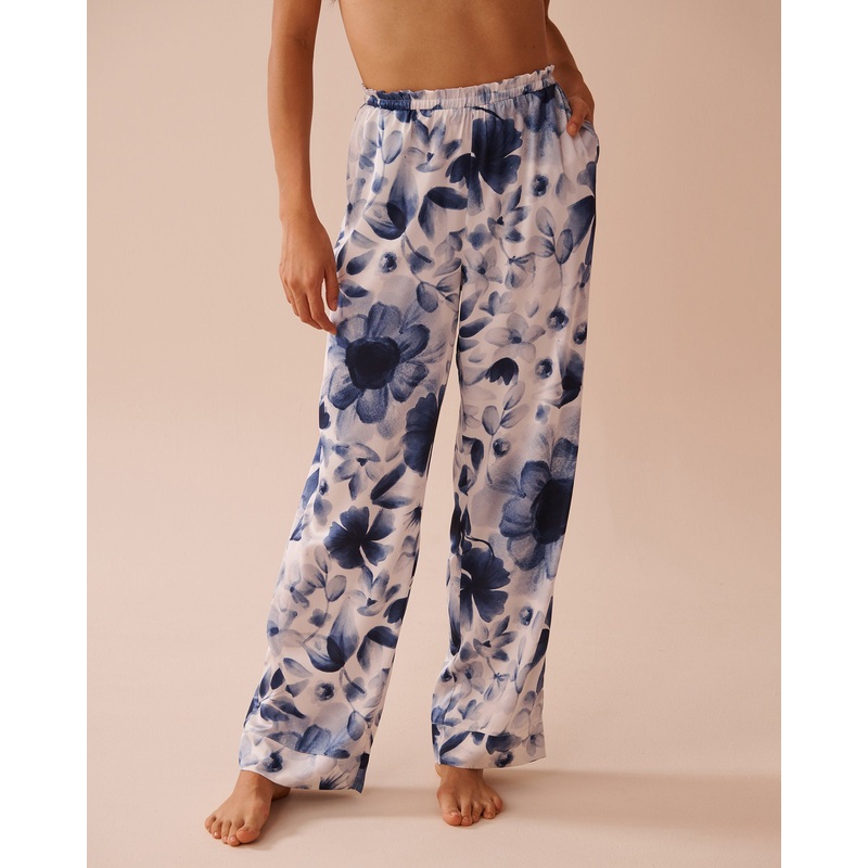 Luxury Edition Blue Floral Print Frill Detail Satin Pants