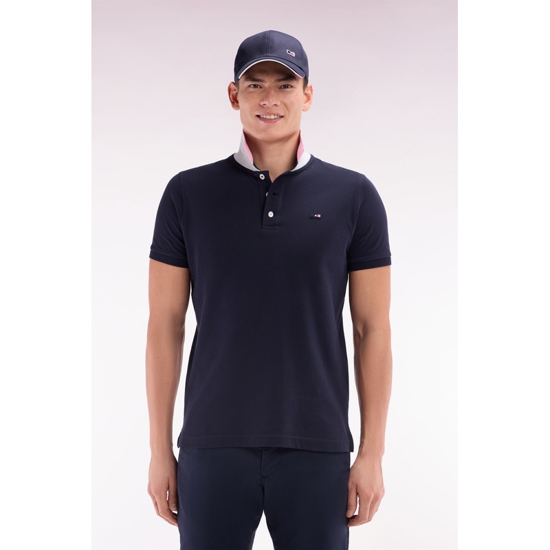 Polo Shirt in Navy Cotton with Two-Tone Eden Park Jacquard Collar