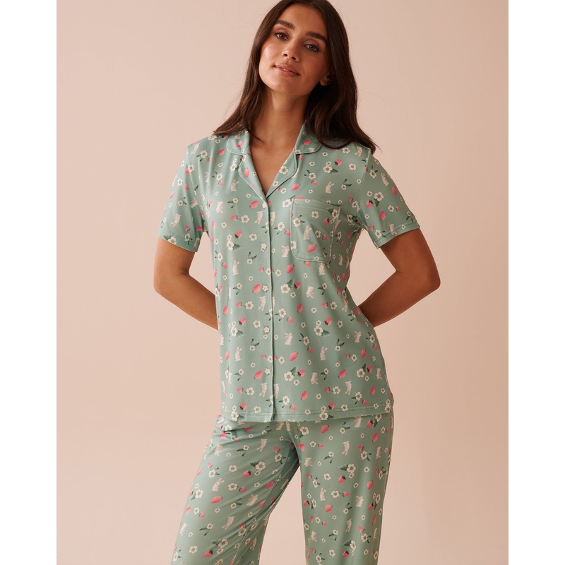 Rabbit & Strawberry Print Super Soft Button-Down Shirt