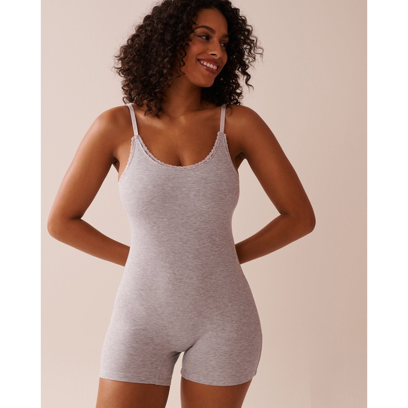 Ribbed Modal and Lace Trim Sleeveless Romper