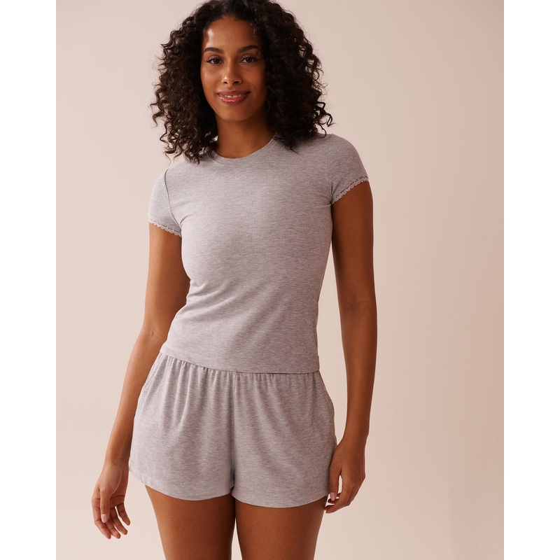 Ribbed Modal and Lace Trim T-Shirt
