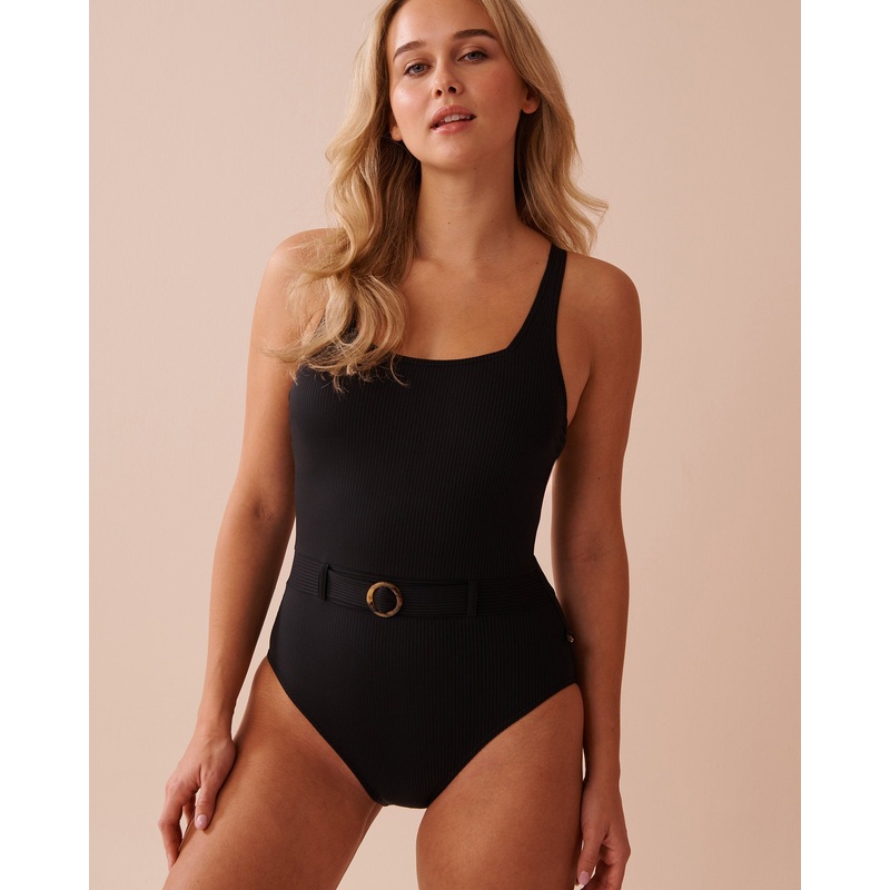 Ribbed Square Neck Belted One-Piece Swimsuit