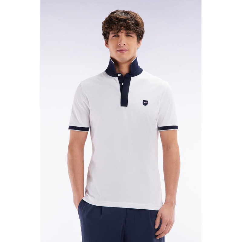 Slim-Fit Plain Short-Sleeved Polo Shirt in White Stretch Cotton with Contrasting Piping