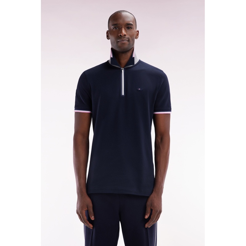 Slim-Fit Short-Sleeved Polo Shirt in Navy Stretch Cotton with Zipped Collar
