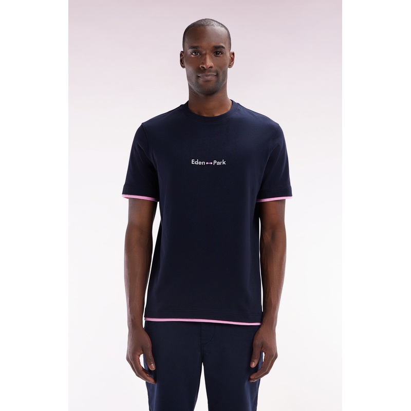 Straight-Fit Embroidered Navy Cotton T-Shirt with a Layering Effect