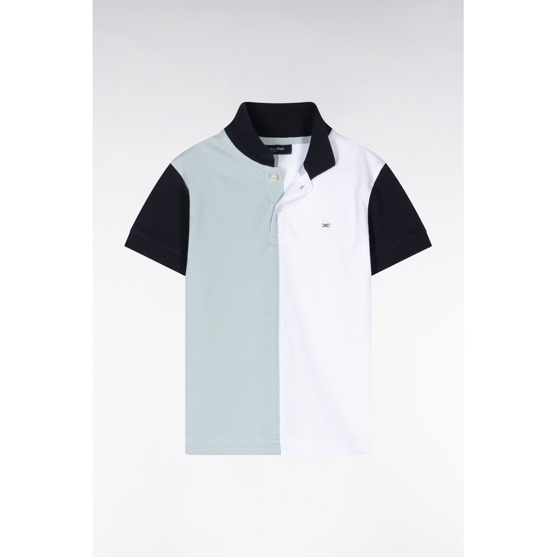 Straight-Fit Short-Sleeved Polo Shirt in Navy White and Green Tricolor Cotton Piqu