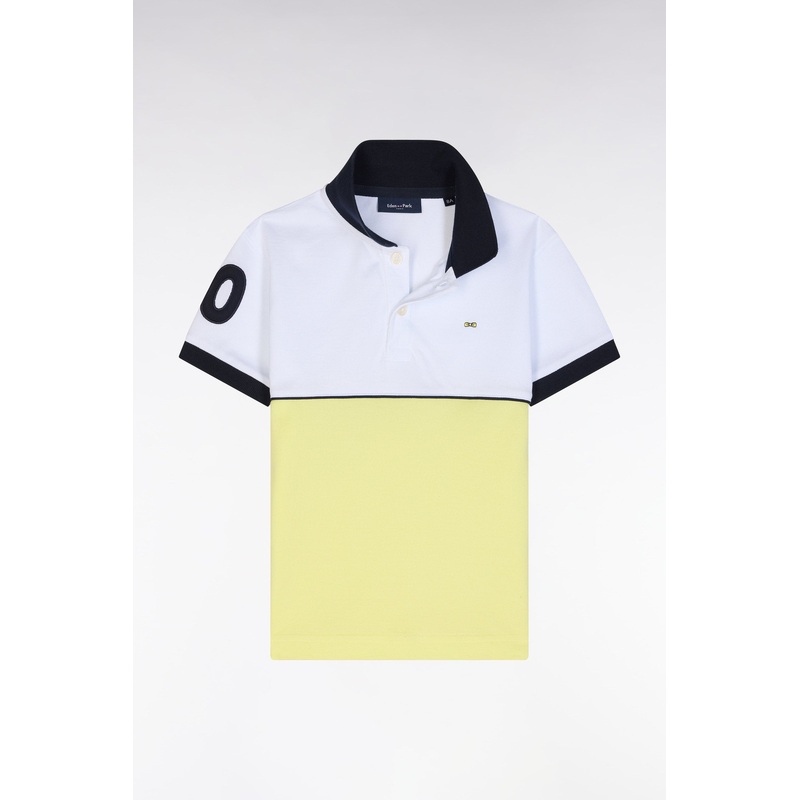 Straight-Fit Two-Tone Short-Sleeved Polo Shirt in Yellow Cotton with Number 10 Embroidery