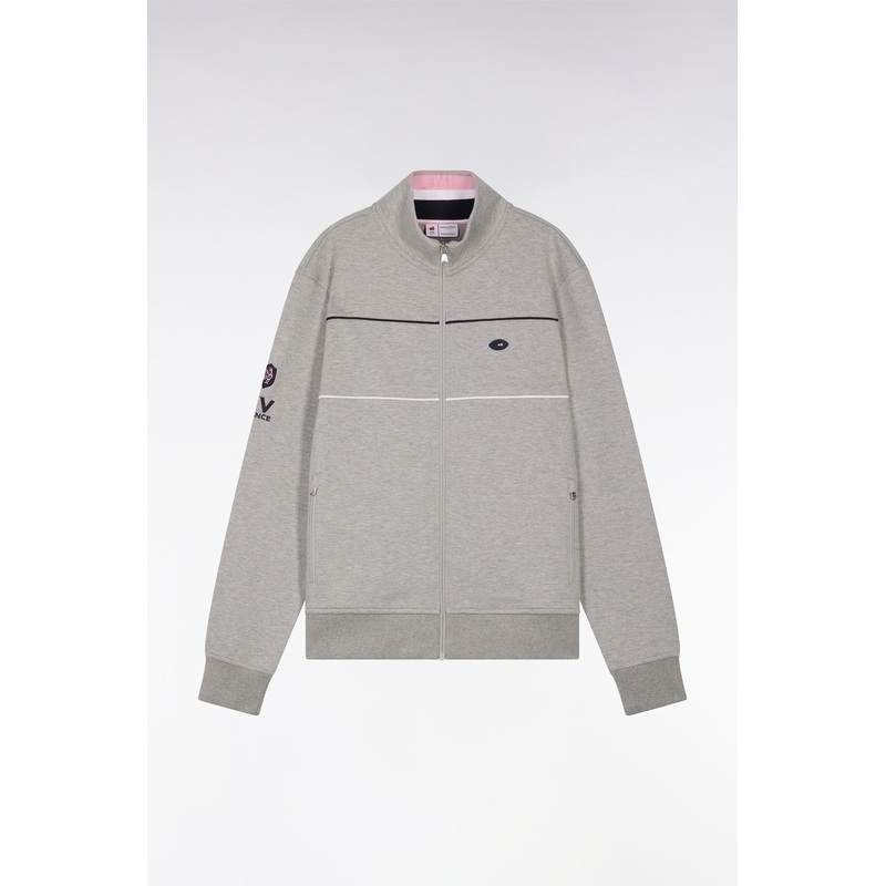 Straight-Fit Zip-Up Sweatshirt in Grey Stretch Cotton with Contrasting Piping