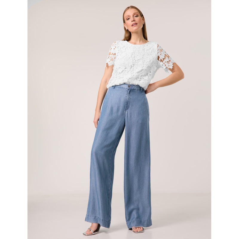 Wide Palazzo Trousers Made of Lyocell in a Denim Look