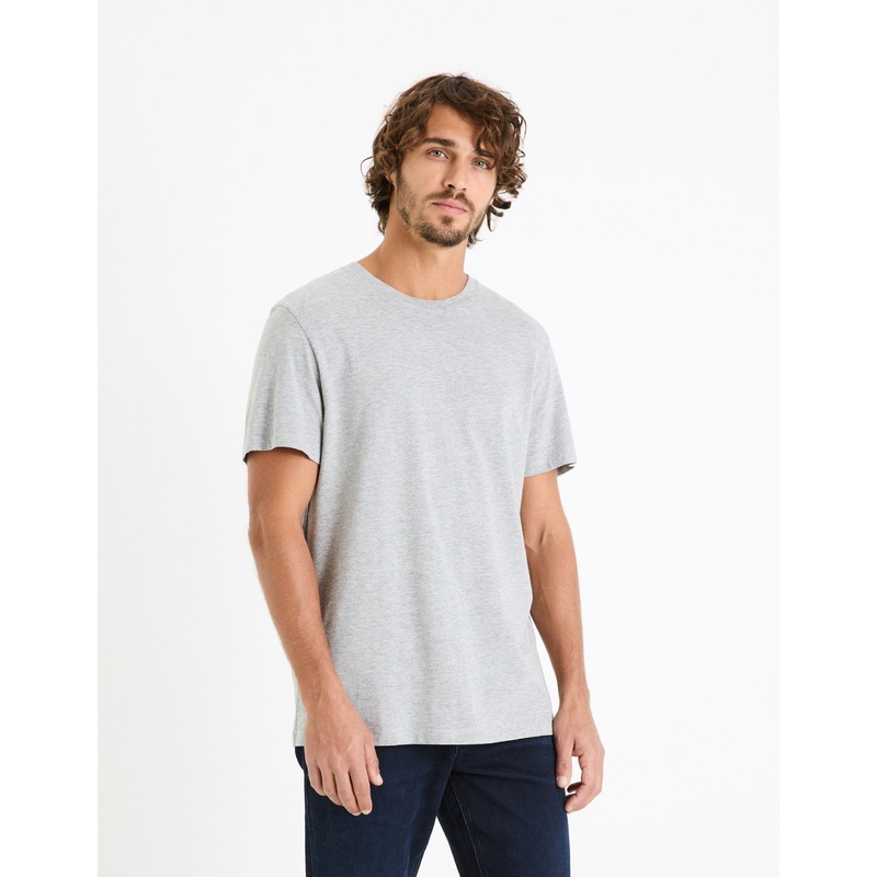 Cotton Blend Crew Neck Straight T-Shirt - Heather Grey