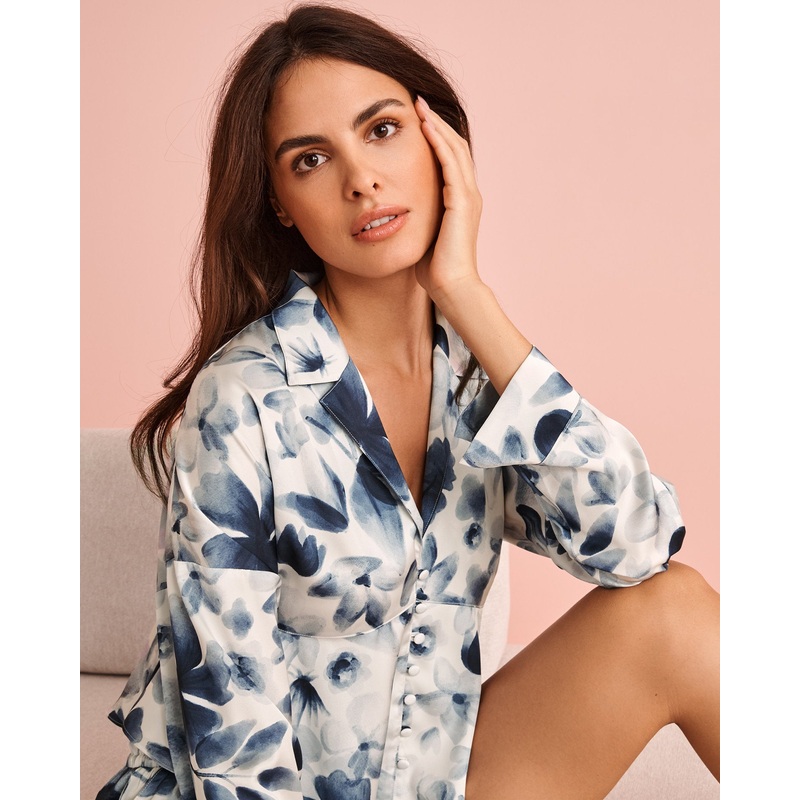 Luxury Edition Blue Floral Print Satin Flared Button-Down Shirt