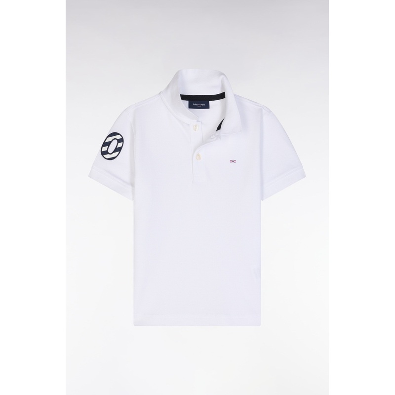 Straight-Fit Short-Sleeved Polo Shirt in White Cotton Piqu with Number 10 Embroidery